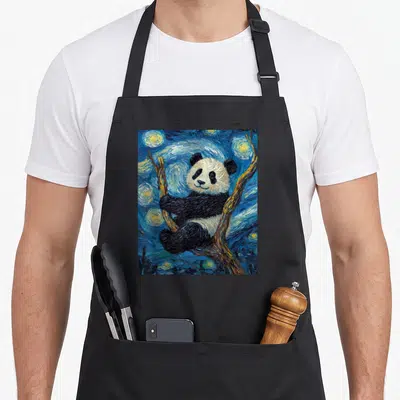 Bear van gogh apron - Panda sitting on tree branch in swirling blue and yellow starry night art style — shown on a black cotton canvas apron against a white background