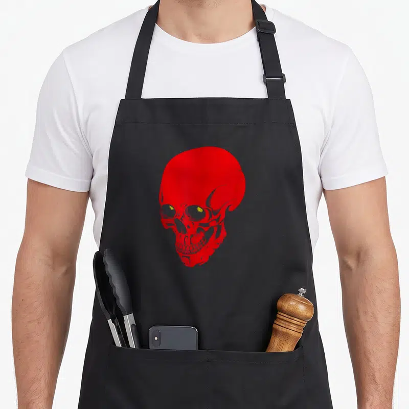 Light skull apron - Red cartoon skull with yellow eyes centered on grey background — shown on a black cotton canvas apron against a white background