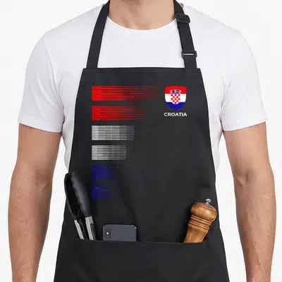Emblem croatian aprons - Croatia coat of arms and five groups of red white blue horizontal lines — shown on a black cotton canvas apron against a white background