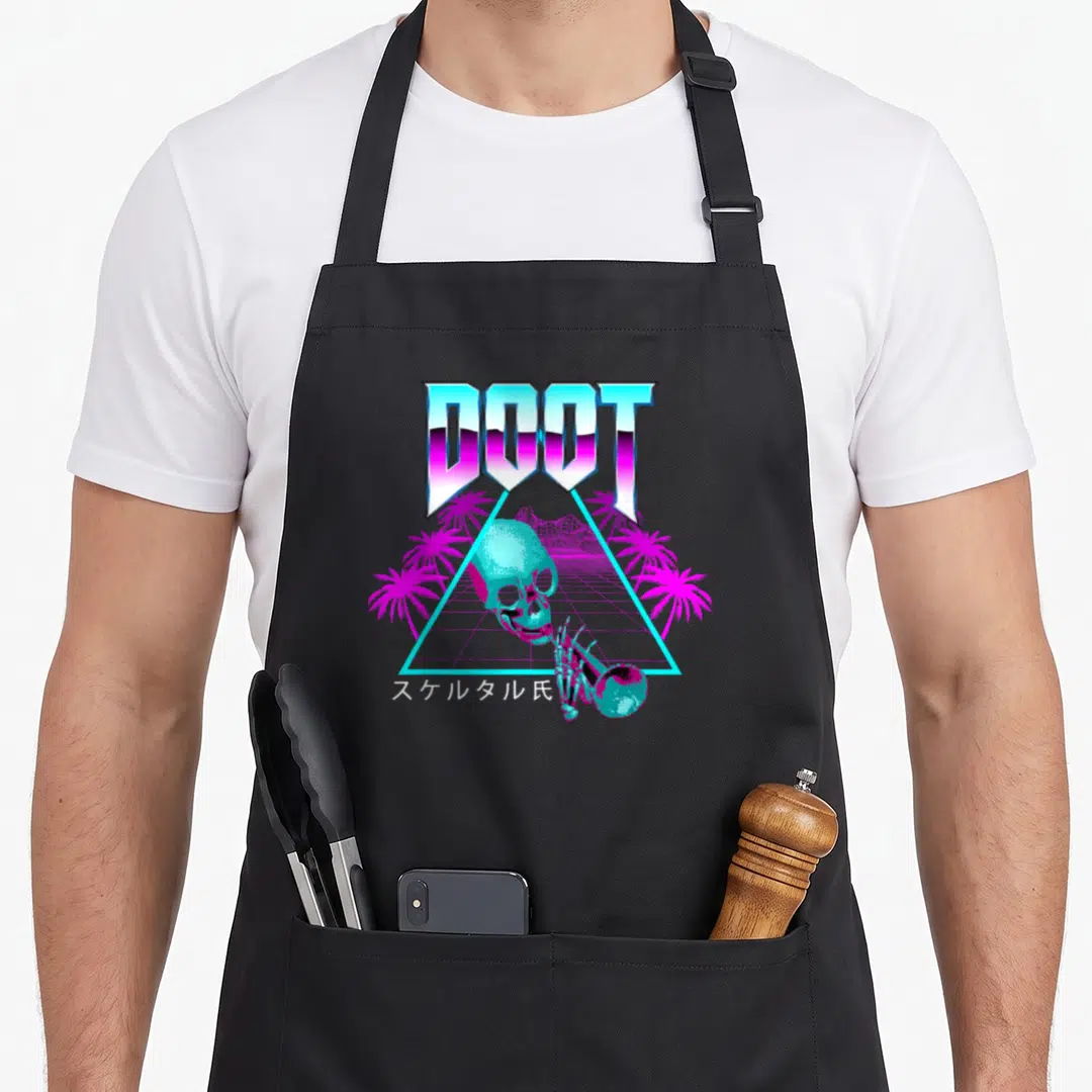 Doot streetwear apron - Skeleton playing trumpet inside cyan triangle with magenta palms and DOOT text — shown on a black cotton canvas apron against a white background