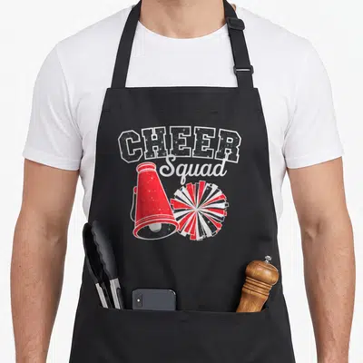 Squad cheerleader cheerleading apron - Stacked CHEER Squad text above red megaphone and red white black pom-pom — shown on a black cotton canvas apron against a white background