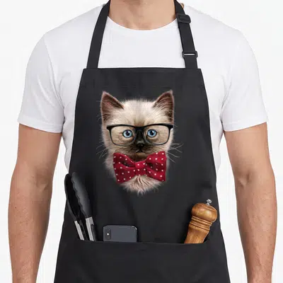 Nerdy cute cat aprons - Realistic Siamese kitten face with black glasses and red polka dot bow tie — shown on a black cotton canvas apron against a white background