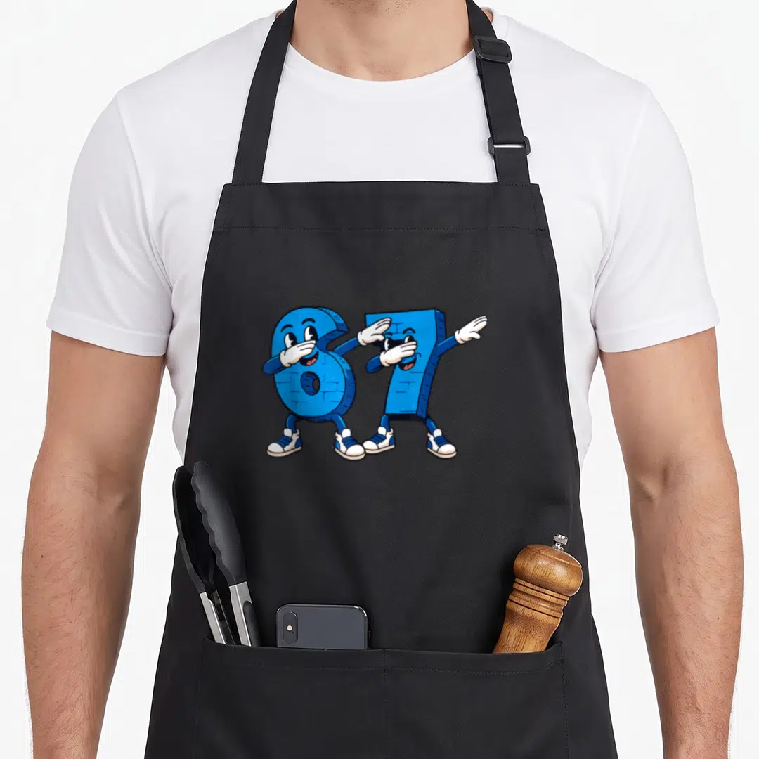 Seven dabbing meme apron - Blue cartoon numbers 6 and 7 dabbing with white gloves and red accents — shown on a black cotton canvas apron against a white background