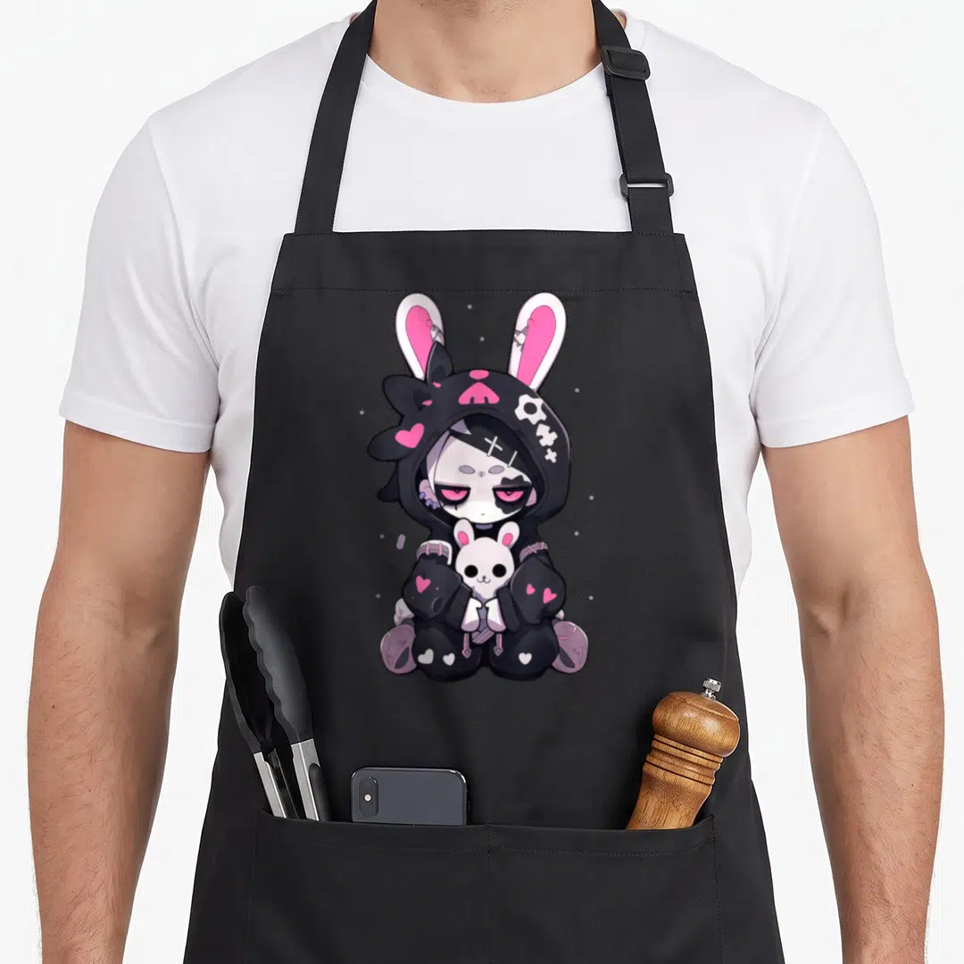 Goth e.a apron - Cartoon character in black bunny hoodie with pink hearts holding white plush rabbit — shown on a black cotton canvas apron against a white background