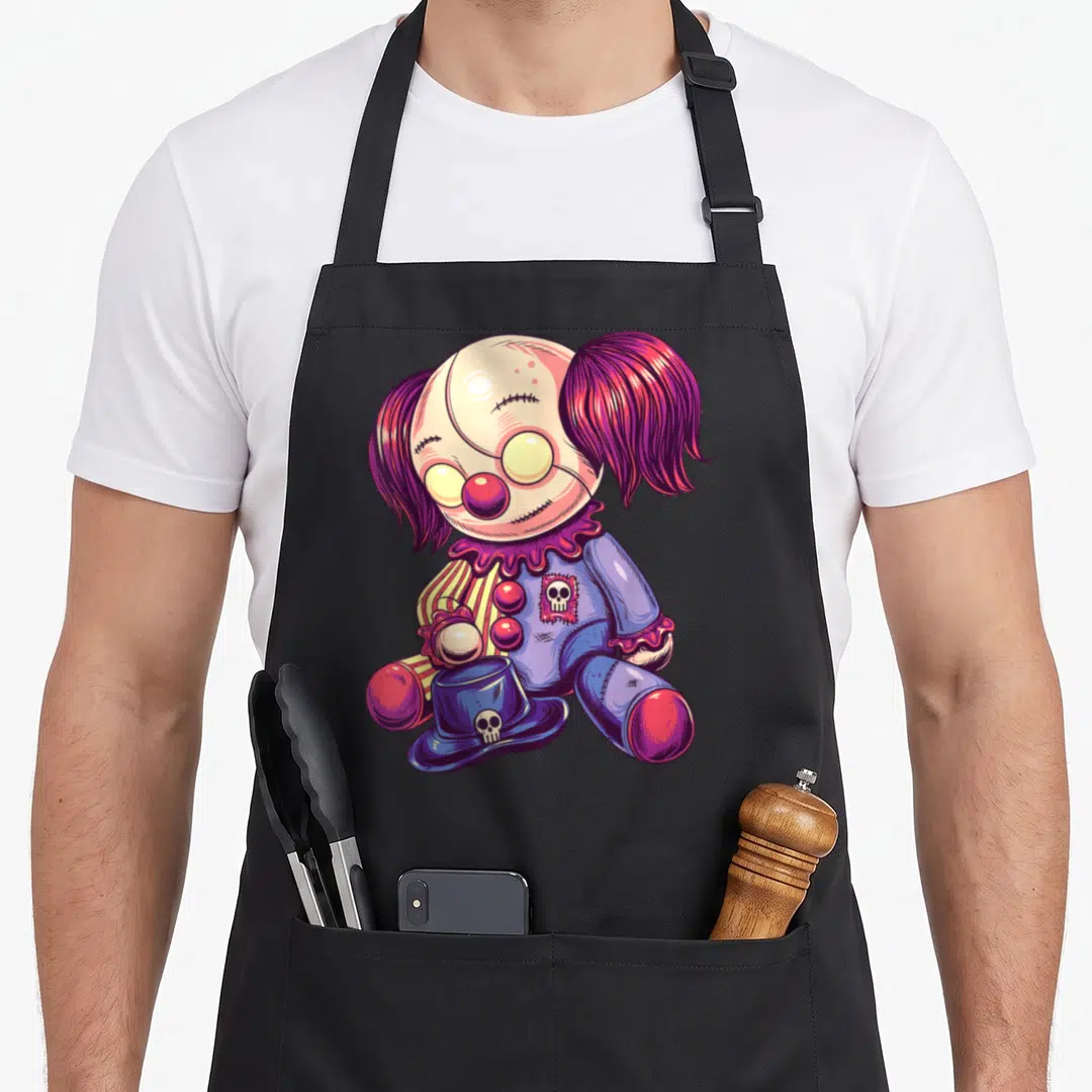 Clown anime cooking apron - Stylized sitting clown doll with top hat in blue purple red and yellow cartoon art — shown on a black cotton canvas apron against a white background