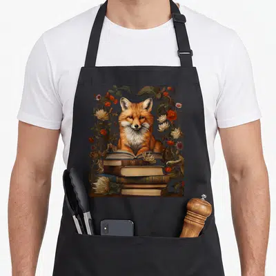 Floral fox cottagecore apron - Realistic fox sitting behind stacked books framed by orange and red flowers — shown on a black cotton canvas apron against a white background