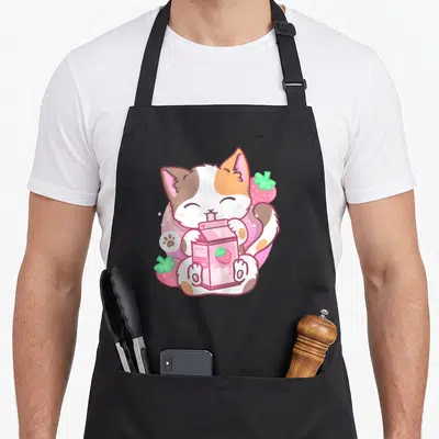 Shake strawberry apron - Cartoon calico cat holding pink juice box with two strawberries and paw print — shown on a black cotton canvas apron against a white background