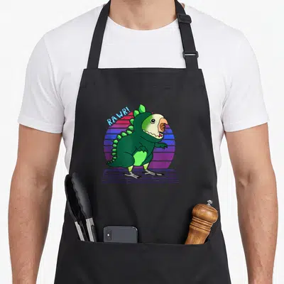 Vaporwave dinosaur apron - Green parrot in dinosaur costume screaming RAWR! on purple striped background with grid floor — shown on a black cotton canvas apron against a white background