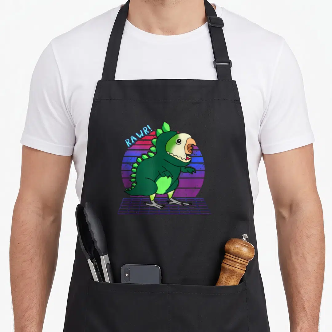 Vaporwave dinosaur apron - Green parrot in dinosaur costume screaming RAWR! on purple striped background with grid floor — shown on a black cotton canvas apron against a white background