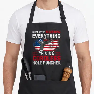 Cordless hole apron - Handgun over distressed US flag with text Since We Are Redefining Everything — shown on a black cotton canvas apron against a white background