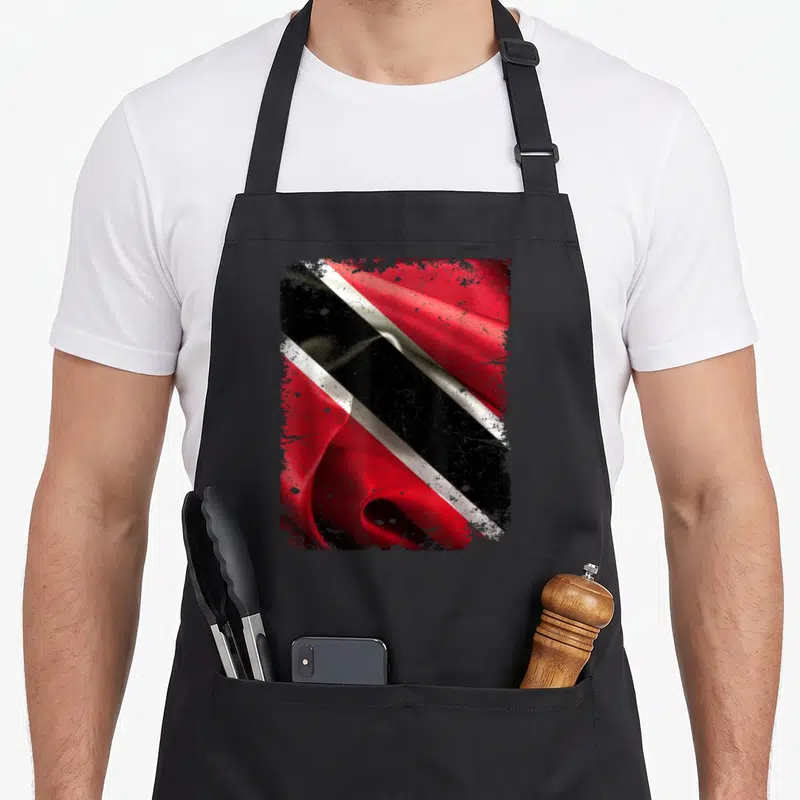 Trinidad trinidadian boy apron - Waving distressed flag in red black and white on black bib apron — shown on a black cotton canvas apron against a white background