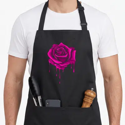 Rose gardener apron - Single magenta rose with melting petal drips in cartoon style — shown on a black cotton canvas apron against a white background