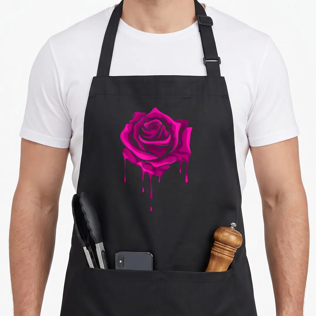 Rose gardener apron - Single magenta rose with melting petal drips in cartoon style — shown on a black cotton canvas apron against a white background