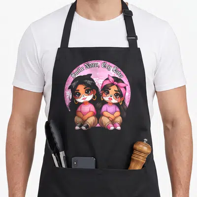 Smile chicano apron - Two cartoon girls sitting in pink glitter circle with Smile Now Cry Later text — shown on a black cotton canvas apron against a white background
