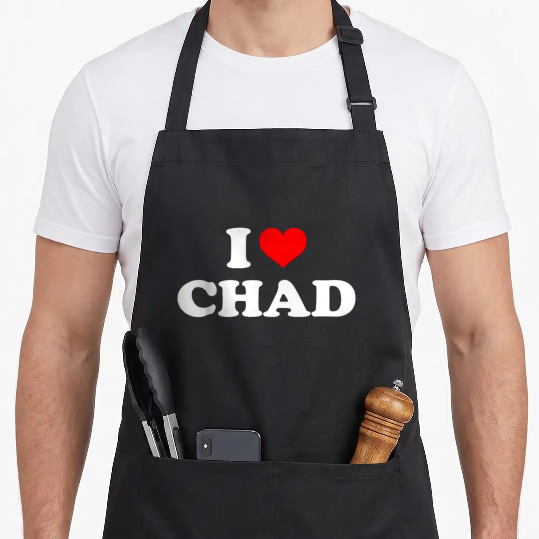 Funny chad apron - White letter I, red heart shape, and CHAD text on black fabric — shown on a black cotton canvas apron against a white background