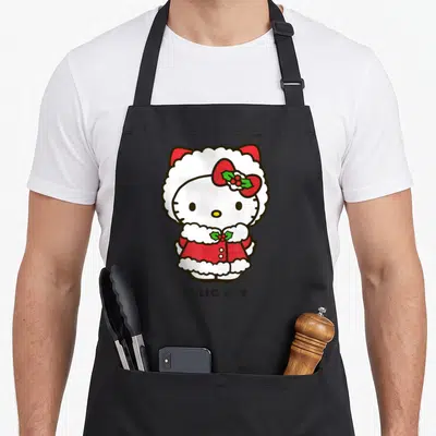 Funny joy holiday apron - Hello Kitty in red Santa suit with holly and HELLO JOY text — shown on a black cotton canvas apron against a white background