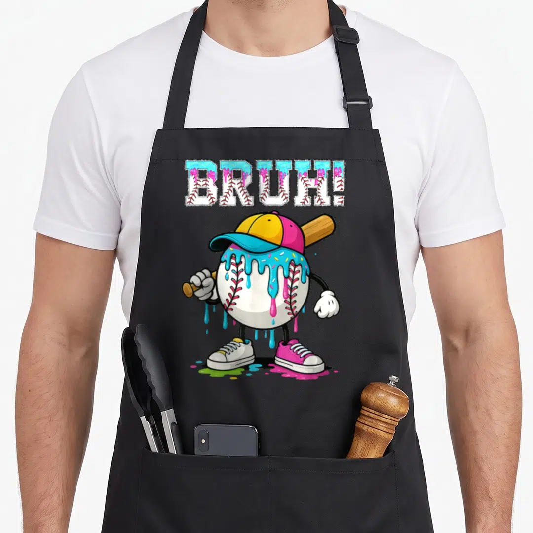 Bruh ice cream apron - Cartoon baseball with dripping glaze, cap, sneakers, bat, and BRUH! text in white blue pink — shown on a black cotton canvas apron against a white background