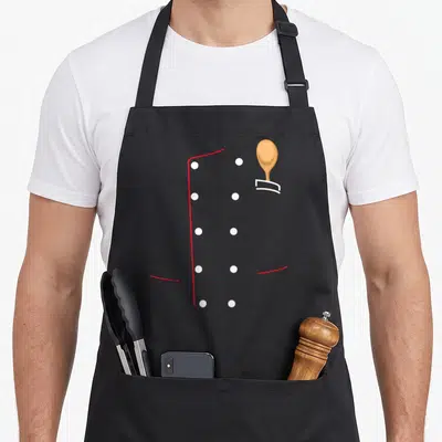Coat uniform apron - Stylized grey chef jacket with red outline, white buttons, and tan wooden spoon in pocket — shown on a black cotton canvas apron against a white background