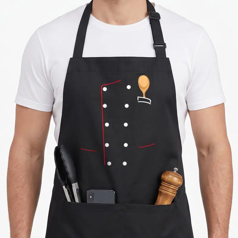 Coat uniform apron - Stylized grey chef jacket with red outline, white buttons, and tan wooden spoon in pocket — shown on a black cotton canvas apron against a white background
