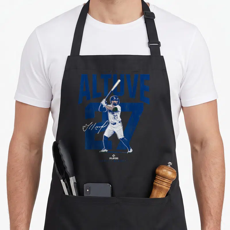 Altuve baseball apron - Jose Altuve 27 Houston Baseball batter graphic with signature and players logo — shown on a black cotton canvas apron against a white background