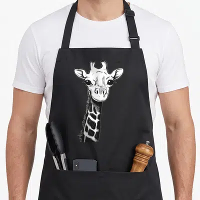 Giraffe safari animal apron - Black and white line art giraffe head and neck illustration — shown on a black cotton canvas apron against a white background