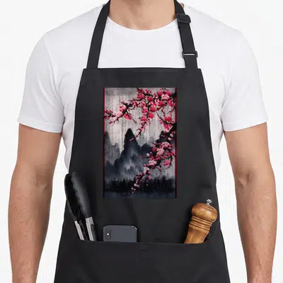 Blossom woodblock cherry print apron - Pink cherry blossoms hanging over grey mountains and black forest in watercolor — shown on a black cotton canvas apron against a white background