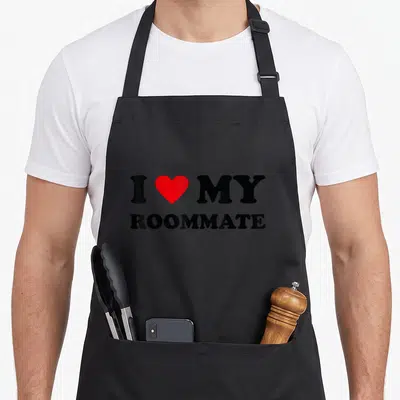 Cute roommate apron - Black text reading I love my roommate with a red heart symbol — shown on a black cotton canvas apron against a white background