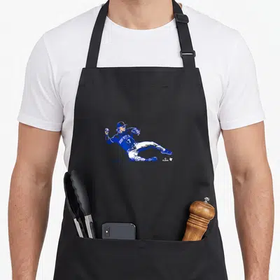 Witt baseball apron - Blue and white baseball player sliding with BOBY WITT JR. 7 on jersey back — shown on a black cotton canvas apron against a white background