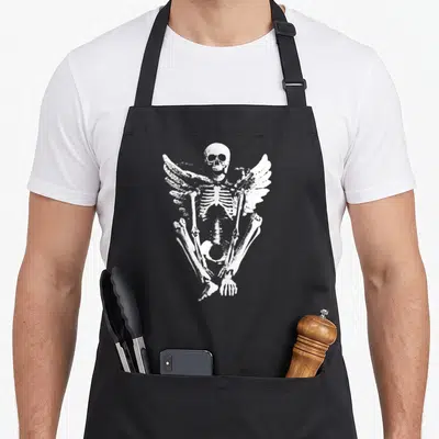 Angel goth apron - White distressed winged skeleton graphic on heavy canvas — shown on a black cotton canvas apron against a white background