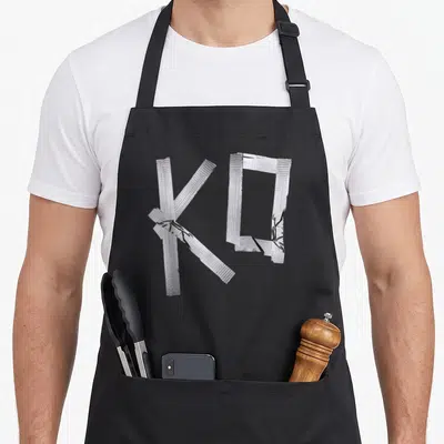 Wrestling pro apron - Silver duct tape strips forming the letters KO on a grey surface — shown on a black cotton canvas apron against a white background