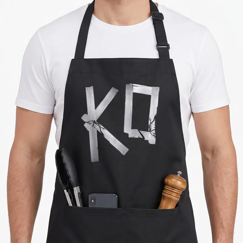 Wrestling pro apron - Silver duct tape strips forming the letters KO on a grey surface — shown on a black cotton canvas apron against a white background