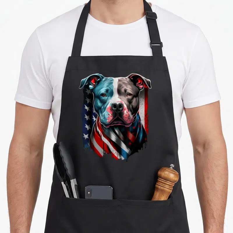 Pitbull terrier dog dad apron - Realistic pitbull head with American flag pattern in blue red white grey — shown on a black cotton canvas apron against a white background