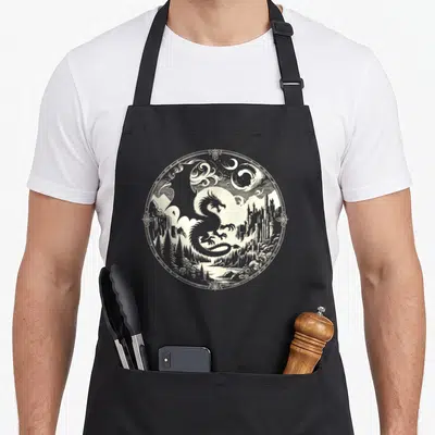 Role playing game aprons - Beige circular line art of dragon, castle, mountains, and moon — shown on a black cotton canvas apron against a white background