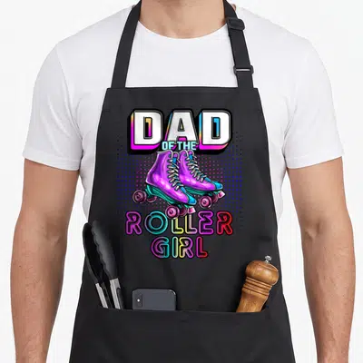 Skating family aprons - Retro purple roller skates with DAD OF THE ROLLER GIRL neon text — shown on a black cotton canvas apron against a white background