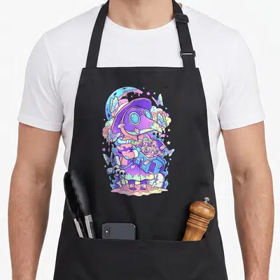 Pastel kawaii apron - Cartoon plague doctor holding roses with skulls and melting moon in purple, blue, pink, and yellow — shown on a black cotton canvas apron against a white background