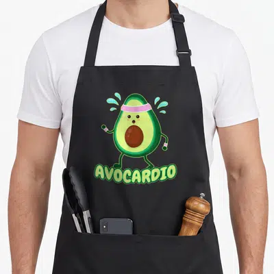 Avocardio avocado apron - Cartoon avocado running with pink headband and AVOCARDIO text in green bubble letters — shown on a black cotton canvas apron against a white background