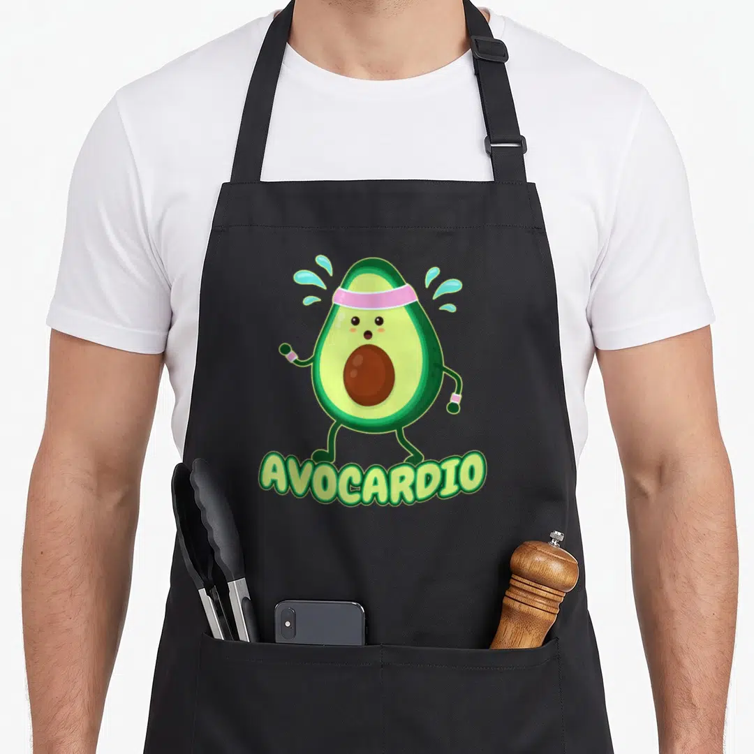 Avocardio avocado apron - Cartoon avocado running with pink headband and AVOCARDIO text in green bubble letters — shown on a black cotton canvas apron against a white background