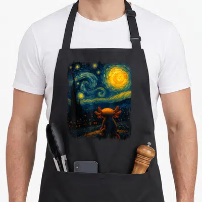 Axolotl van gogh apron - Axolotl from behind viewing swirling blue starry night sky with orange accents and town — shown on a black cotton canvas apron against a white background