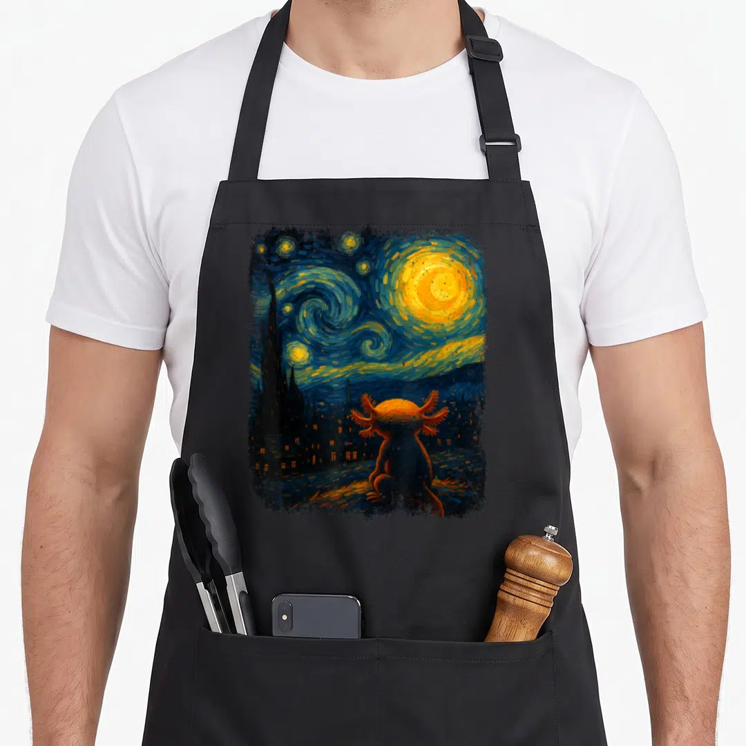 Axolotl van gogh apron - Axolotl from behind viewing swirling blue starry night sky with orange accents and town — shown on a black cotton canvas apron against a white background