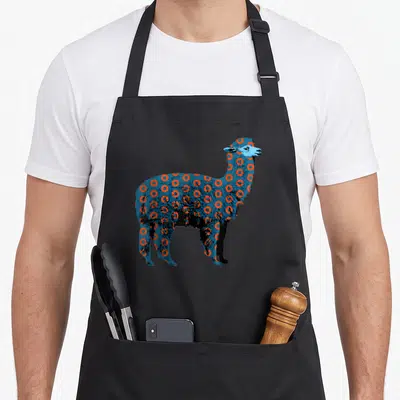 Llama donut apron - Blue llama in profile covered in orange circular patterns on grey background — shown on a black cotton canvas apron against a white background