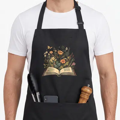 Book cottagecore apron - Open book with wildflowers, leaves, and butterfly in beige, green, and orange — shown on a black cotton canvas apron against a white background