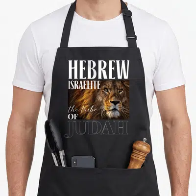 Judah jewish apron - Lion head photo with Hebrew Israelite the tribe of Judah text overlay — shown on a black cotton canvas apron against a white background