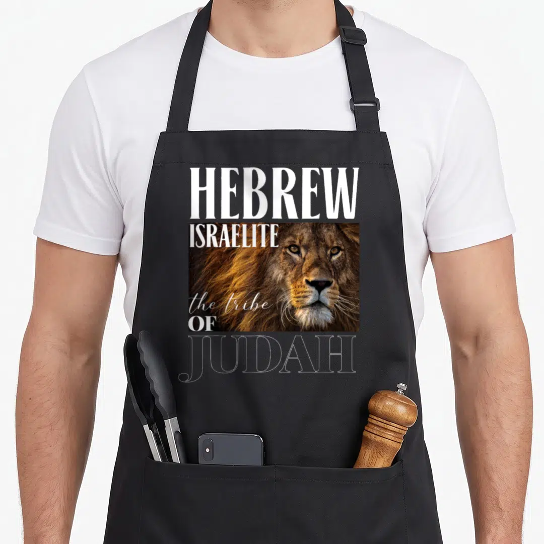 Judah jewish apron - Lion head photo with Hebrew Israelite the tribe of Judah text overlay — shown on a black cotton canvas apron against a white background
