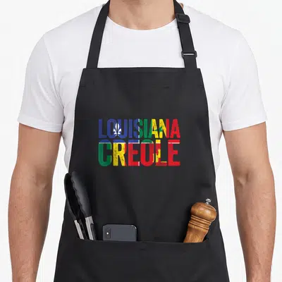 Creole flag louisiana apron - Stacked LOUISIANA CREOLE text in blue red yellow green with fleur de lis detail — shown on a black cotton canvas apron against a white background