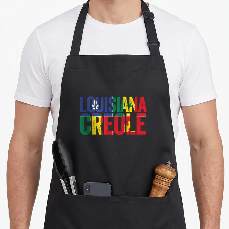 Creole flag louisiana apron - Stacked LOUISIANA CREOLE text in blue red yellow green with fleur de lis detail — shown on a black cotton canvas apron against a white background