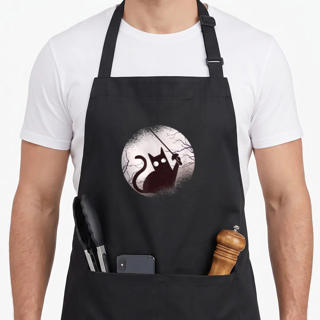 Game fencing apron - Dark purple cat holding a sword inside a light purple circle with branch details — shown on a black cotton canvas apron against a white background