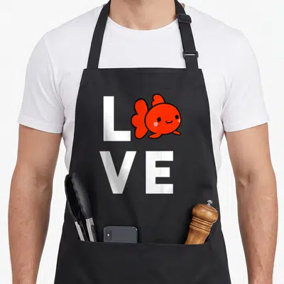 Goldfish pet fish apron - White LOVE text with orange cartoon fish replacing the O on grey background — shown on a black cotton canvas apron against a white background