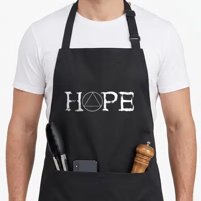 Hope sobriety apron - White HOPE text with circle and triangle symbol replacing the letter O — shown on a black cotton canvas apron against a white background