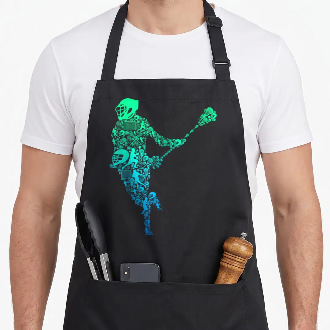 Player lacrosse apron - Teal and blue mosaic silhouette of a lacrosse player made of equipment icons — shown on a black cotton canvas apron against a white background