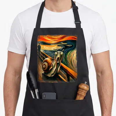Parody artistic apron - Screaming snail on a bridge with swirling orange and blue sky in retro style — shown on a black cotton canvas apron against a white background